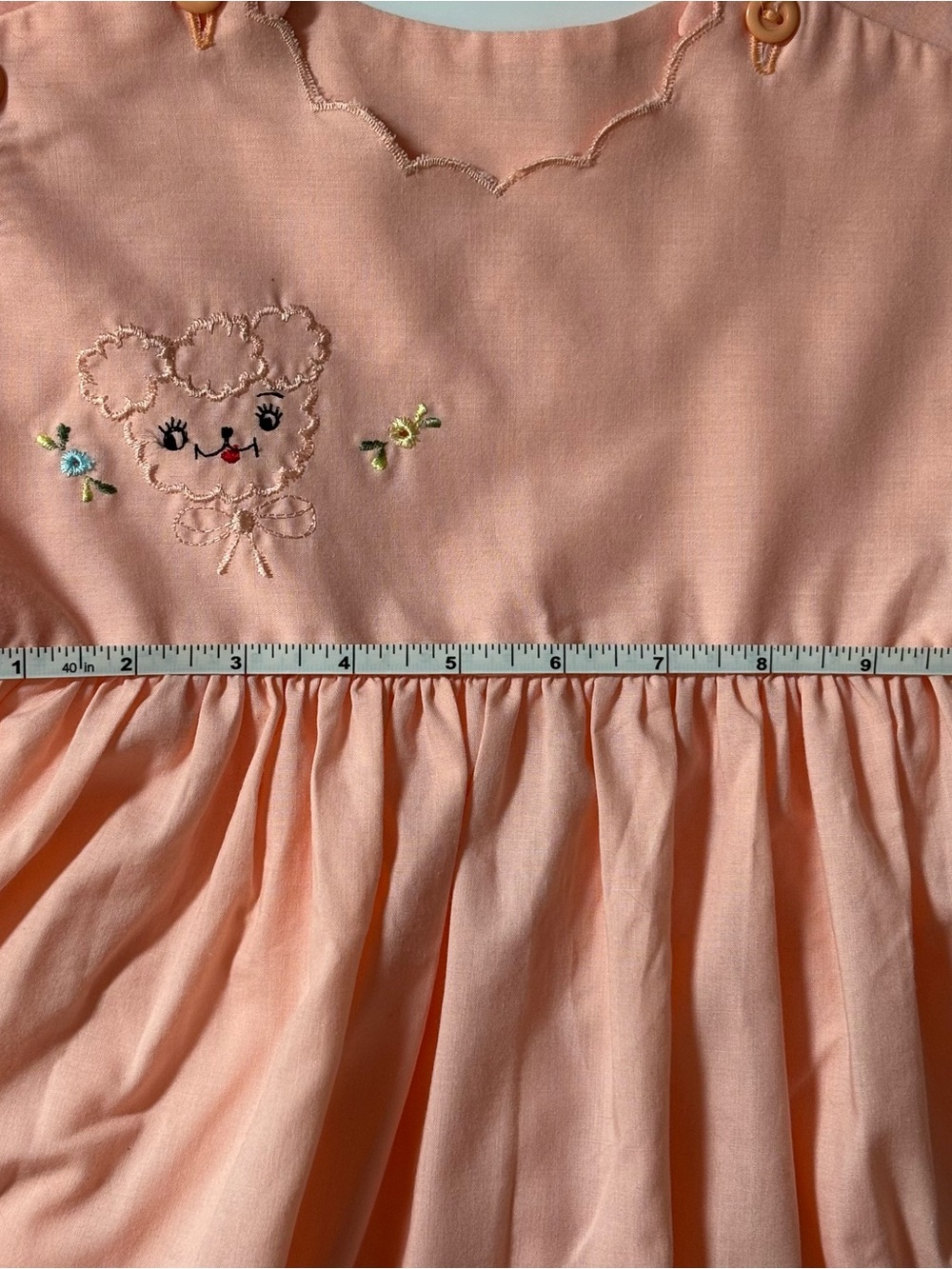 Vintage 50s 60s Pink Lamb Pinafore Dress Embroidered Scalloped Mid Century Sz - Picture 6 of 8